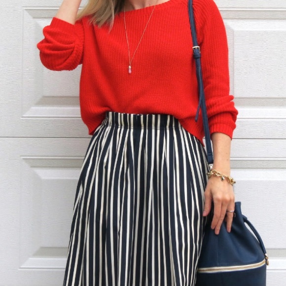 🆕 J Crew Pleated Midi Stripe Skirt Navy & White - Picture 4 of 16